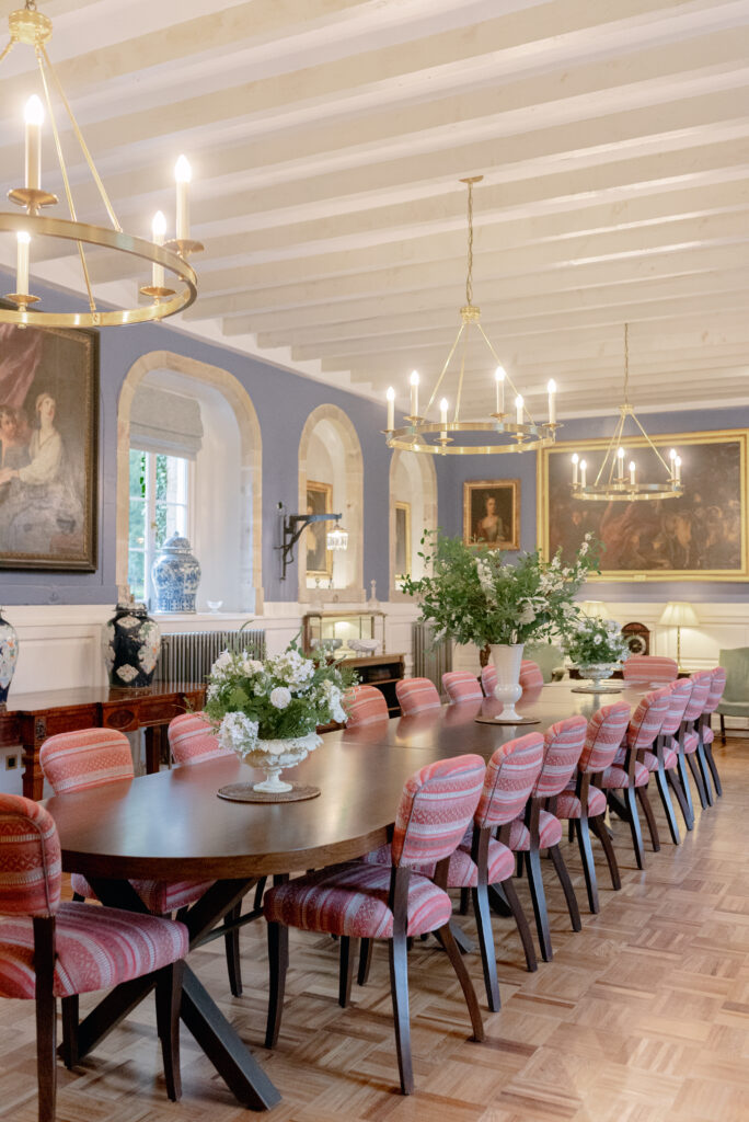 Interior dining room of Penicuik House on Penicuik Estate, private country estate wedding venue near Edinburgh, Scotland. Image by award winning destination wedding photographer Scotland, Jill Cherry Porter, in connection with luxury wedding planner Scotland, Timeless White Wedding Planning, and Jill Alexander, luxury wedding florist UK, The Little Flower Atelier.