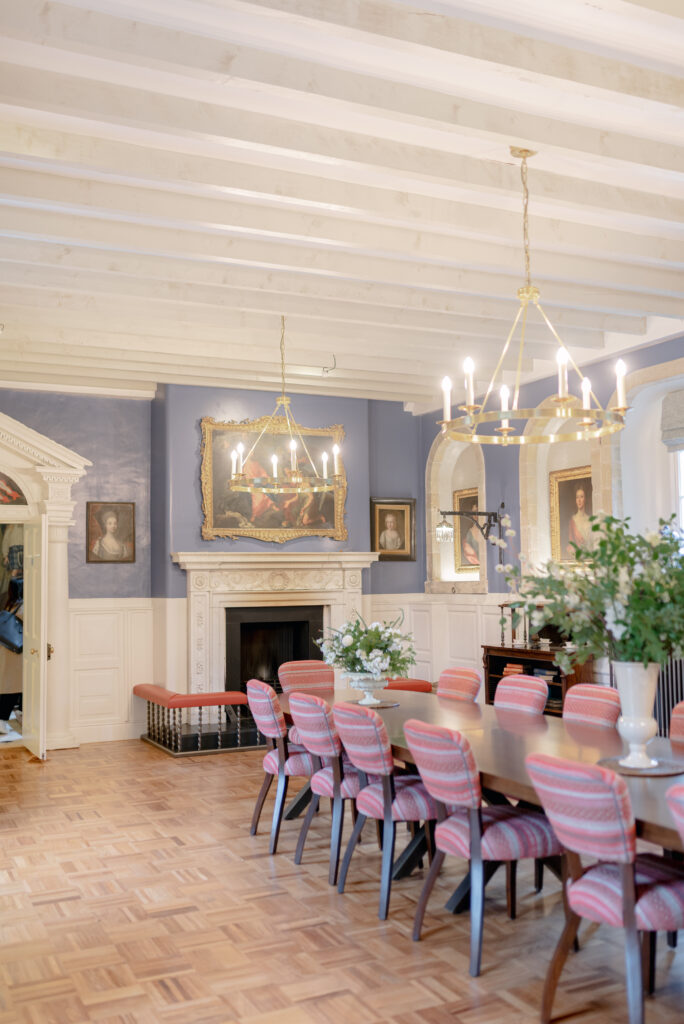 The fireplace within the dining room interiors of Penicuik House, Penicuik Estate, Scotland — a private country estate wedding venue near Edinburgh. Image by editorial wedding photographer Scotland, Jill Cherry Porter, in connection with top wedding planner Scotland, Emma Matthews, founder of Timeless White Wedding Planning, and Jill Alexander, luxury wedding florist UK, The Little Flower Atelier.