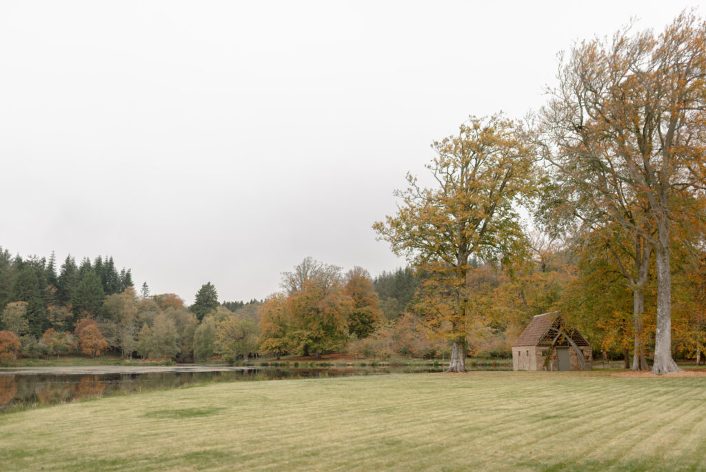 The High Pond Reserve at Penicuik Estate in autumn — an exclusive use, country estate wedding venue, Scotland. Image by luxury wedding photographer Scotland, Jill Cherry Porter, in connection with one of the best wedding planners in Scotland, Emma Matthews, founder of Timeless White Wedding Planning, and Jill Alexander, abundant wedding florist UK, The Little Flower Atelier.
