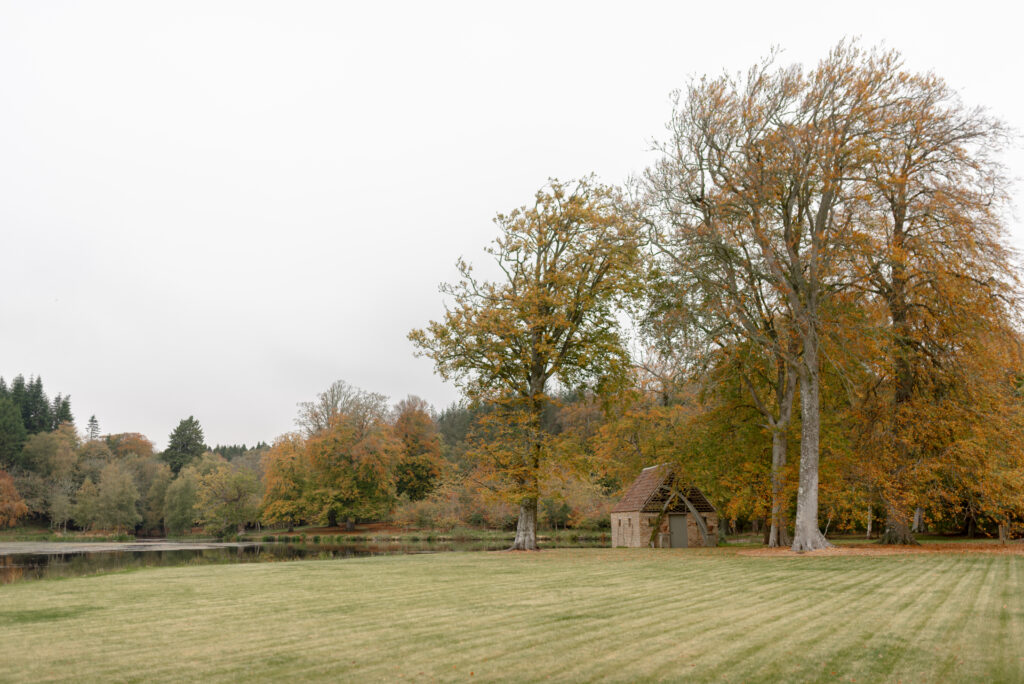 The High Pond Reserve event space, Penicuik House, Penicuik Estate — an exclusive use, country estate wedding venue, Scotland. Image by fine art wedding photographer Scotland, Jill Cherry Porter, in connection with one of the best wedding planners in Scotland, Emma Matthews, founder of Timeless White Wedding Planning, and Jill Alexander, abundant wedding florist UK, The Little Flower Atelier.