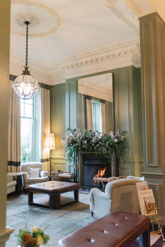 Gleneagles interior fireplace and seating in the hotel lobby. Image by luxury fine art wedding photographer Scotland, Jill Cherry Porter.