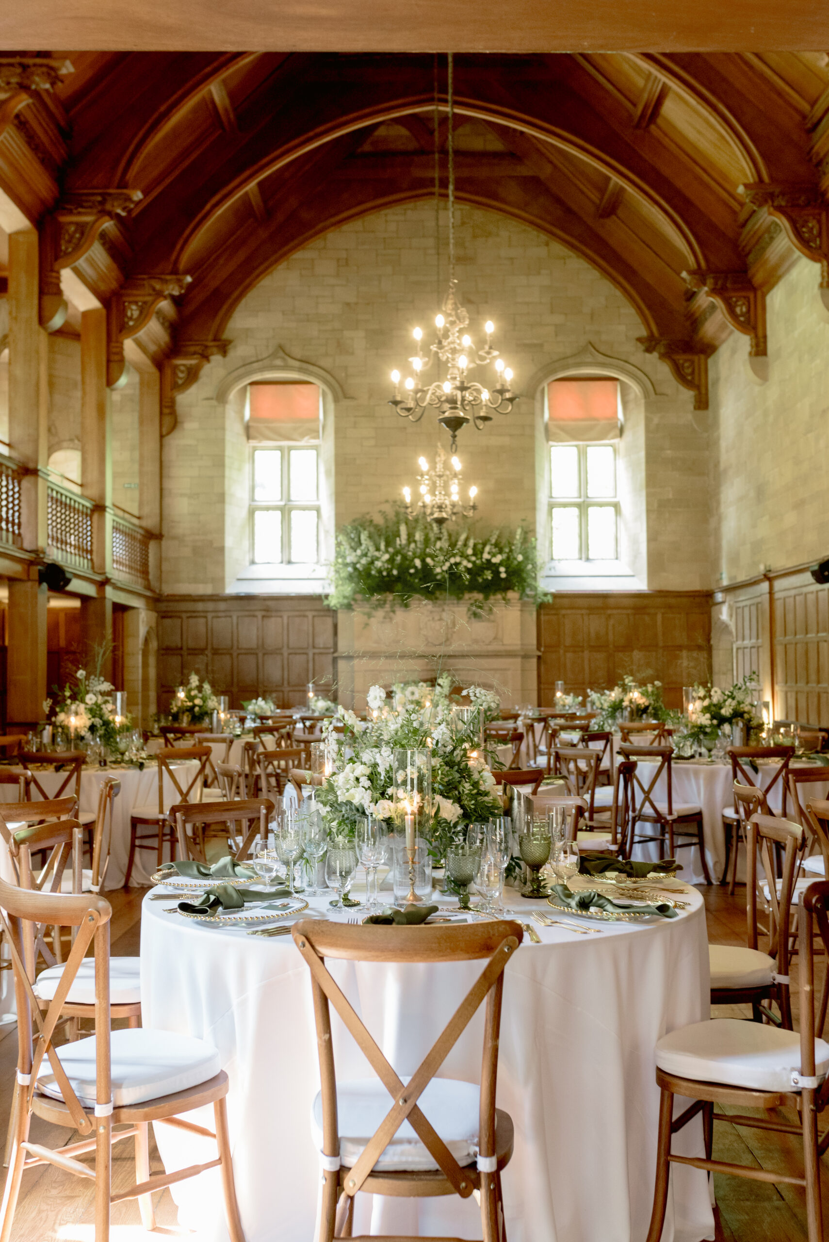 The great hall of Achnagairn Castle, Scotland Castle wedding venue, design by luxury wedding planner uk, Timeless White Weddings. Image by award winning luxury wedding photographer uk, Jill Cherry Porter.