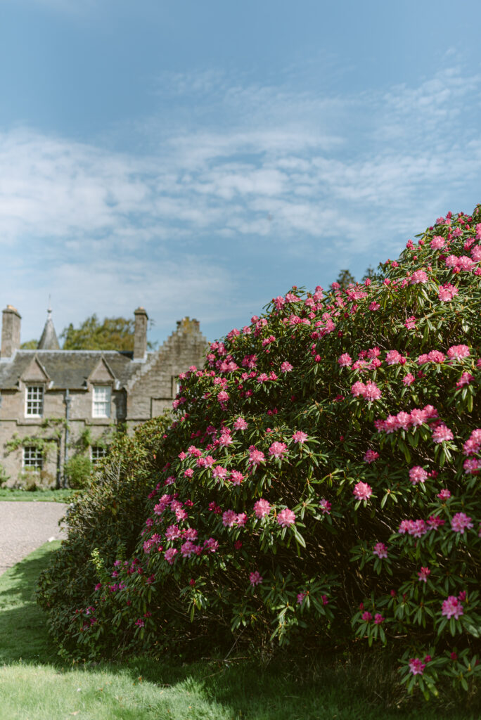 The front gardens in summer of Birkhill Castle, an exclusive-use private estate wedding venue in Scotland