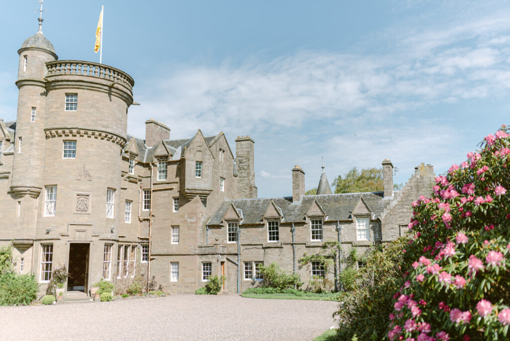 Exterior of Birkhill Castle, an exclusive-use private castle wedding venue in Scotland