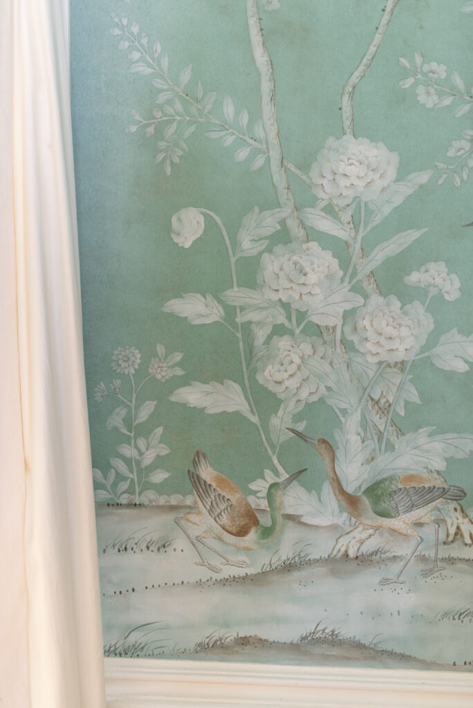 Hand-painted wallpaper within Birkhill Castle private wedding venue, Scotland. Image by Scottish wedding photographer Jill Cherry Porter.