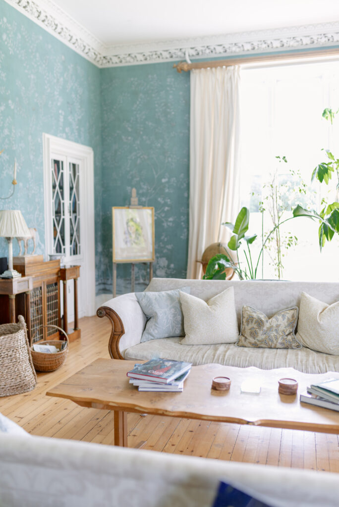 The drawing room with hand-painted walls of Birkhill Castle wedding venue in Scotland