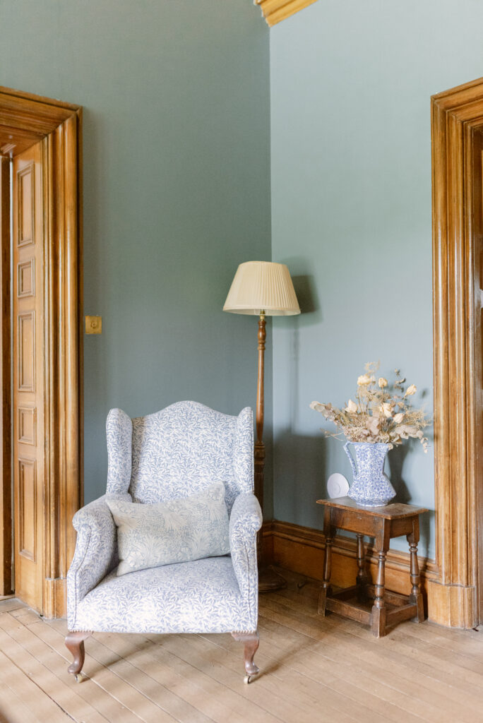 Modern heritage design interiors of Birkhill Castle private wedding venue, Scotland. Image by Scottish wedding photographer Jill Cherry Porter.