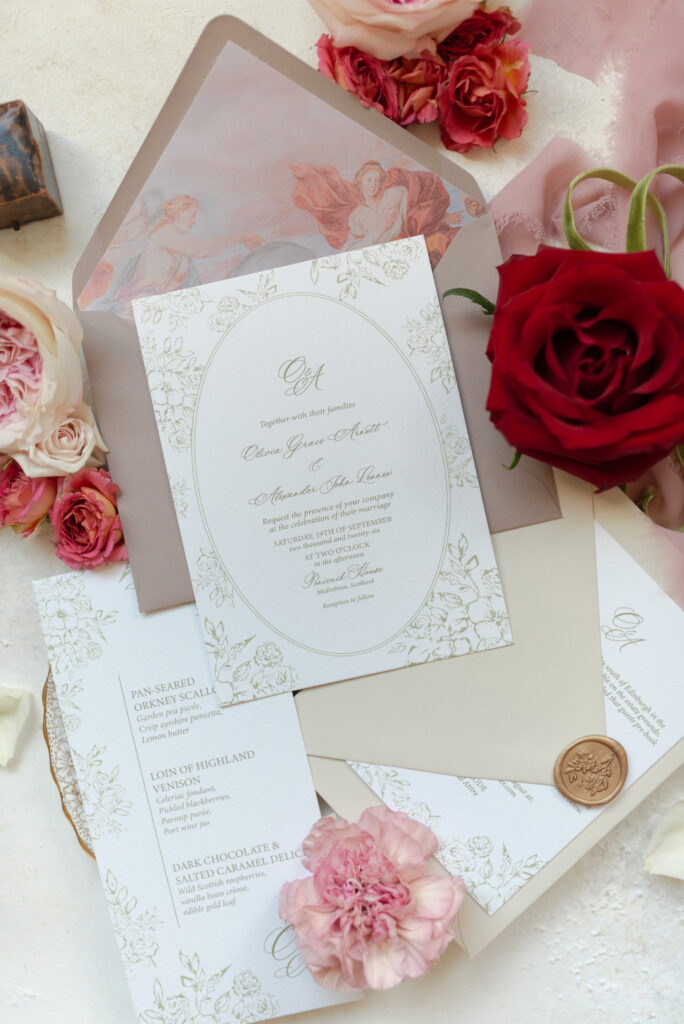 Elegant Wedding Stationery by Ruby & Bloom Paper Company, in Penicuik Estate Scotland.  Wedding Photography by Jill Cherry Porter.