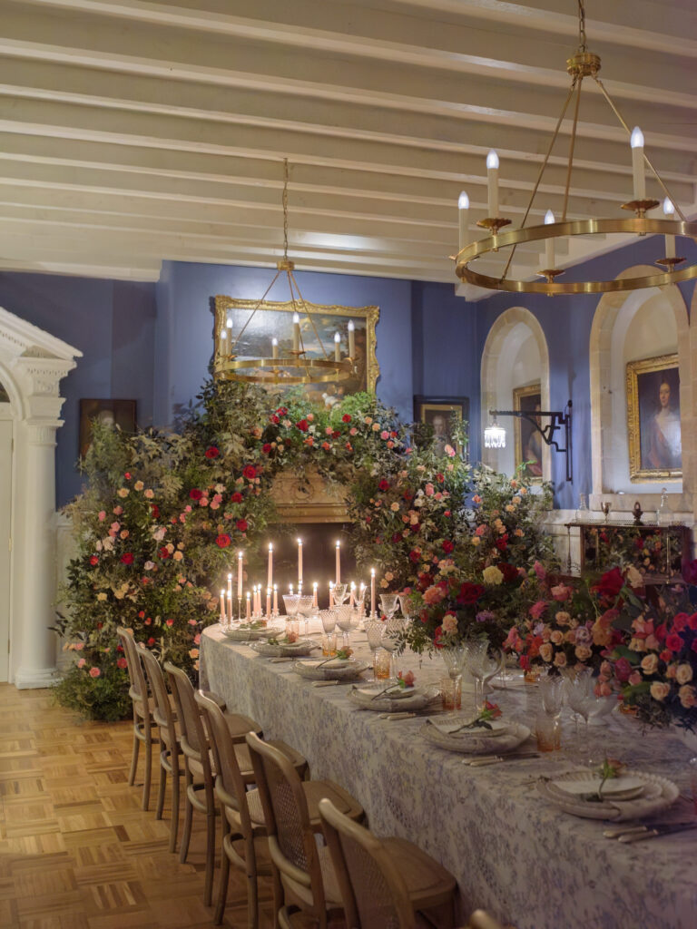 Romantic garden wedding floral installation with taper candles by The Little Flower Atelier, featuring Chatsworth Linens by Chateau Noir Event Hire and Splendid Hire tableware, in Penicuik House, Penicuik Estate, Scotland. Wedding photography by Jill Cherry Porter. 