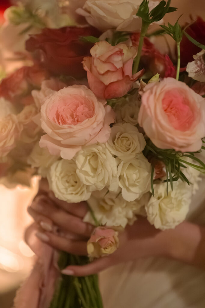 Romantic rose gathered wedding bouquet by The Little Flower Atelier, in Penicuik Estate Scotland. 