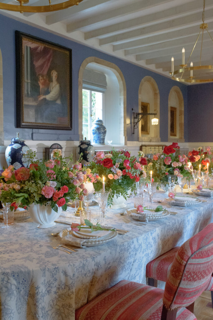 Chatsworth Linens by Chateau Noir Event Hire on layered tablescape, featuring Splendid Hire tableware,  with luxury florals by Jill Alexander of The Little Flower Atelier, in Penicuik House, Scotland.  Wedding Photography by Jill Cherry Porter.