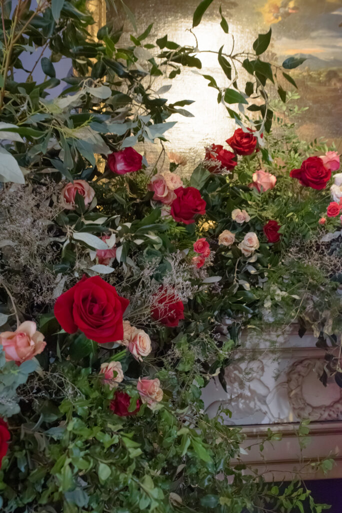 Romantic gathered floral installation by The Little Flower Atelier, in Penicuik House dining room. INSPIRED series by Jill Cherry Porter, Scotland wedding photographer.