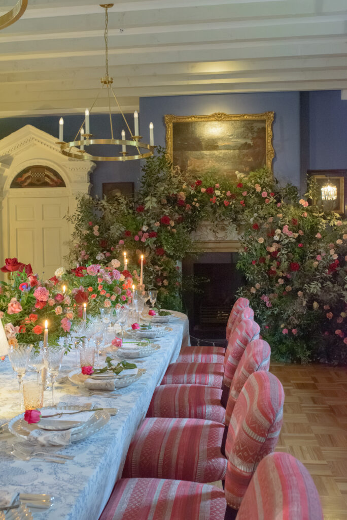Chatsworth Linens by Chateau Noir Event Hire on layered tablescape featuring Splendid Hire tableware, with luxury florals by Jill Alexander of The Little Flower Atelier, in Penicuik House, Scotland.  Wedding Photography by Jill Cherry Porter.