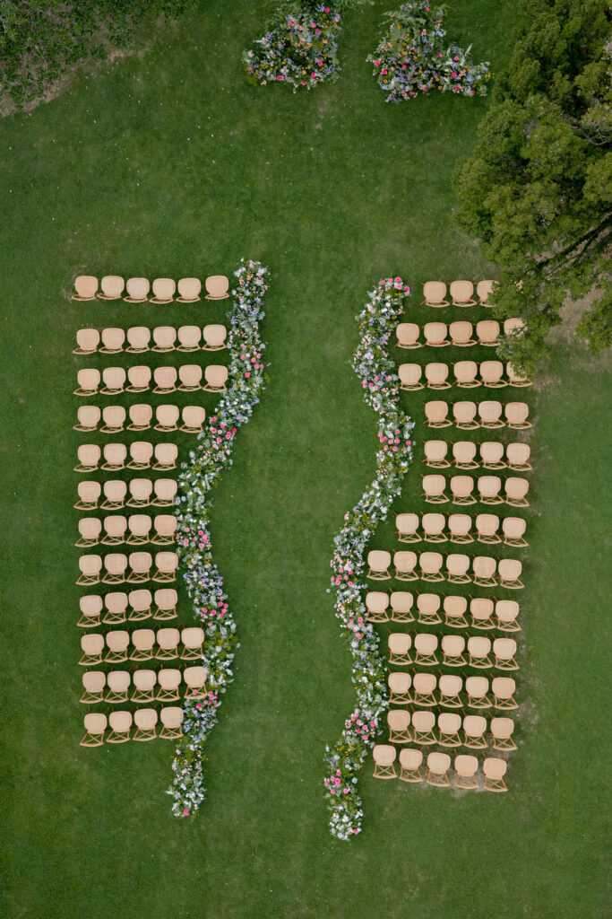 Serpentine ceremony aisle from above, by the High Pond on Penicuik Estate, Scotland destination wedding venue. Image by Penicuik House recommended wedding photographer, Jill Cherry Porter.