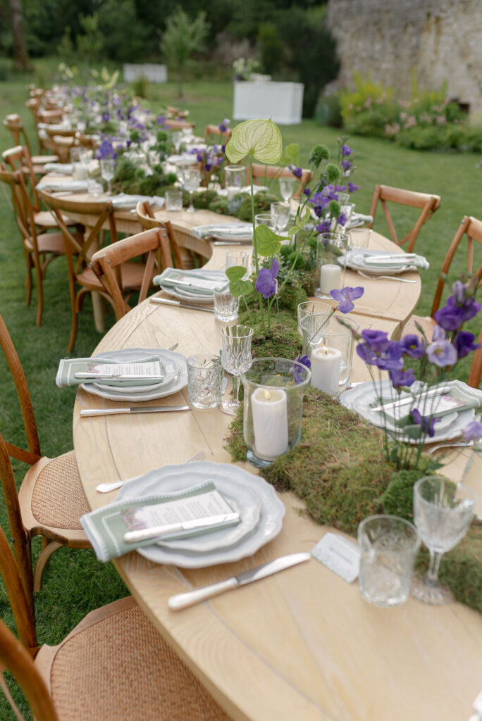 Serpentine table for wedding rehearsal dinner at Eskfield on Penicuik Estate, Scotland destination wedding venue. Image by Penicuik House recommended wedding photographer, Jill Cherry Porter.