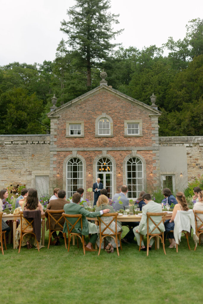 Outdoor dining for a rehearsal dinner at Eskfield walled garden on Penicuik Estate, Scotland destination wedding venue. Image by Penicuik House recommended wedding photographer, Jill Cherry Porter.