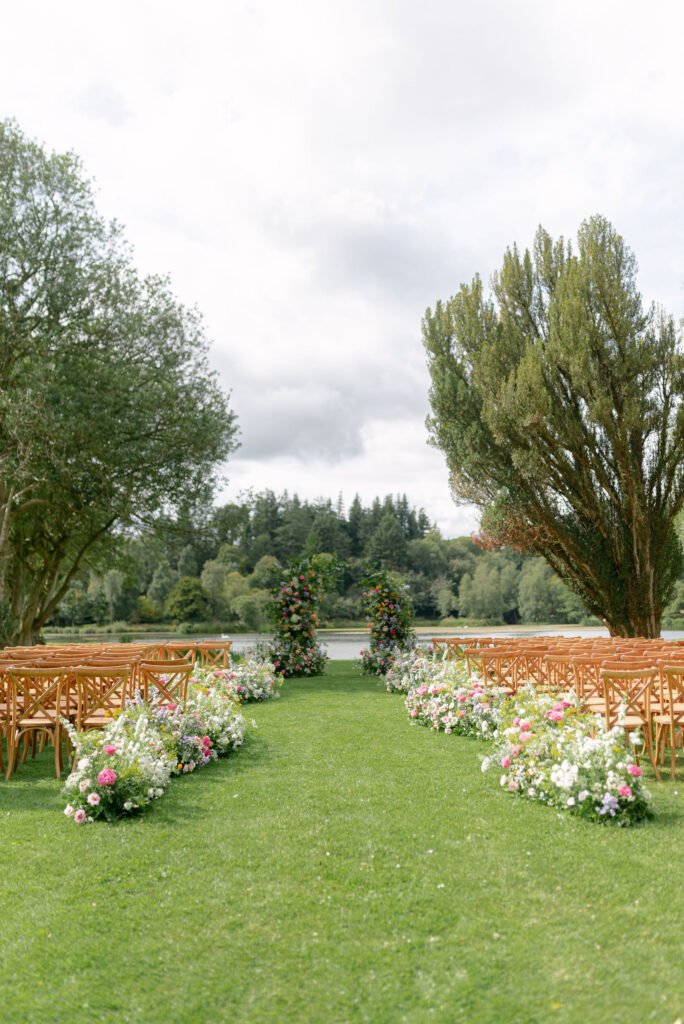 Outdoor ceremony design by the High Pond on Penicuik Estate, Scotland destination wedding venue. Image by Penicuik House recommended wedding photographer, Jill Cherry Porter.