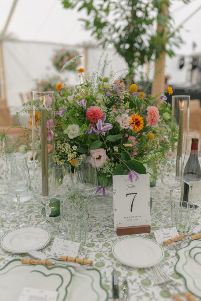 Abundant floral tablescape design at Penicuik Estate, Scotland destination wedding venue. Image by Penicuik House recommended wedding photographer, Jill Cherry Porter.
